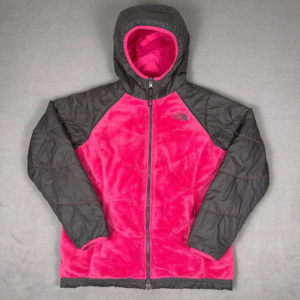 North Face Girls XL Pink Grey Hybrid Fleece Hooded Jacket fits Womens XS/S‎